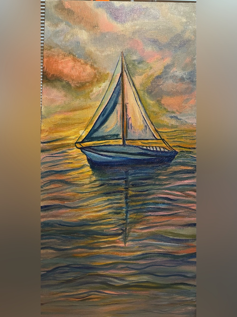 Sailboat Sunset Canvas Art Print in Blue and Gold